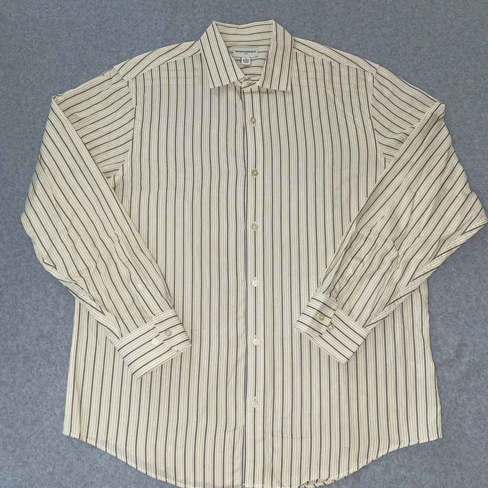 Banana Republic Button Up Shirt Men's L 16-16.5 Yellow Gray‎ Stripe Long Sleeve